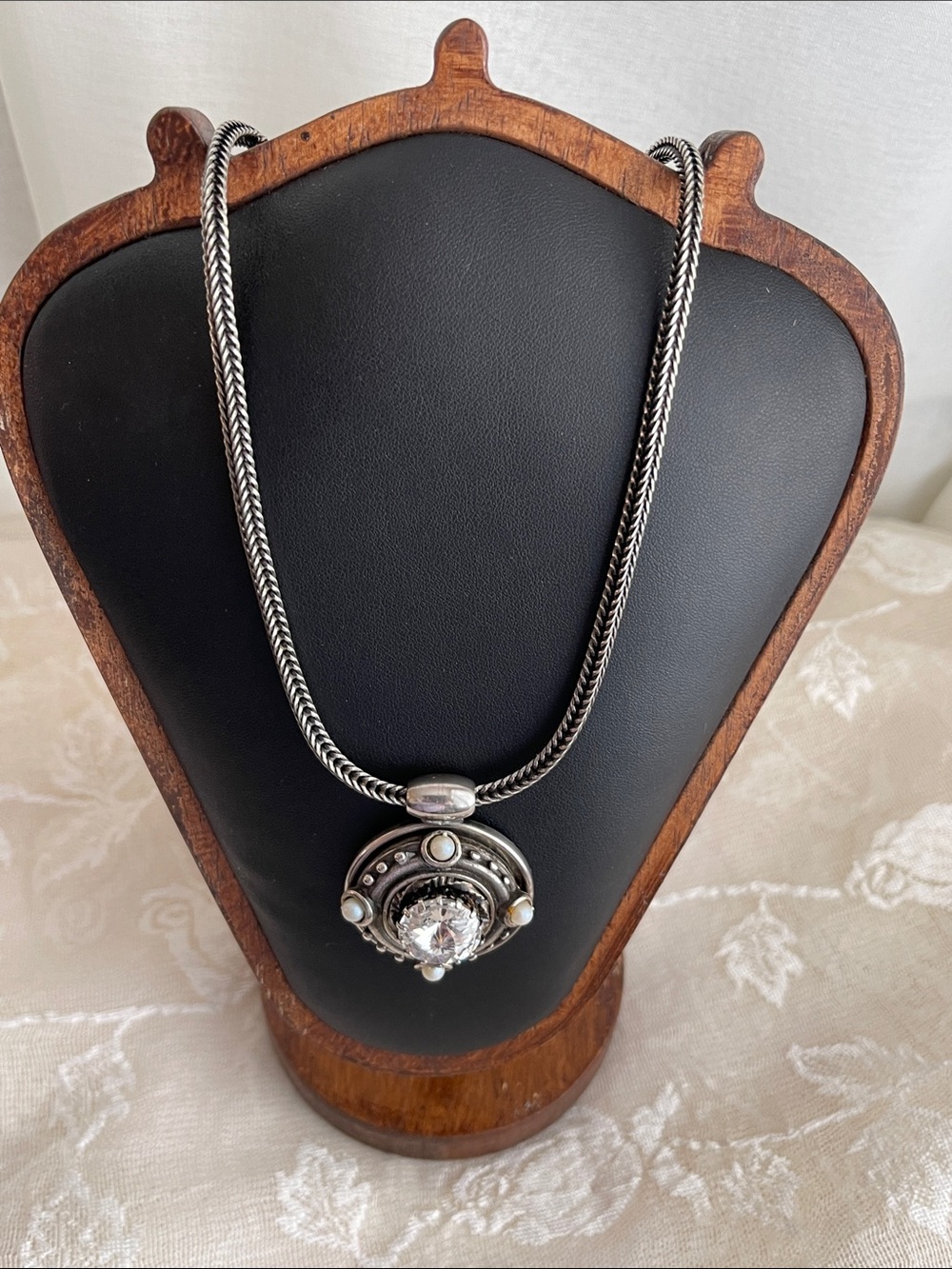 Silver-Tone Statement Pendant Necklace with Clear Center Stone